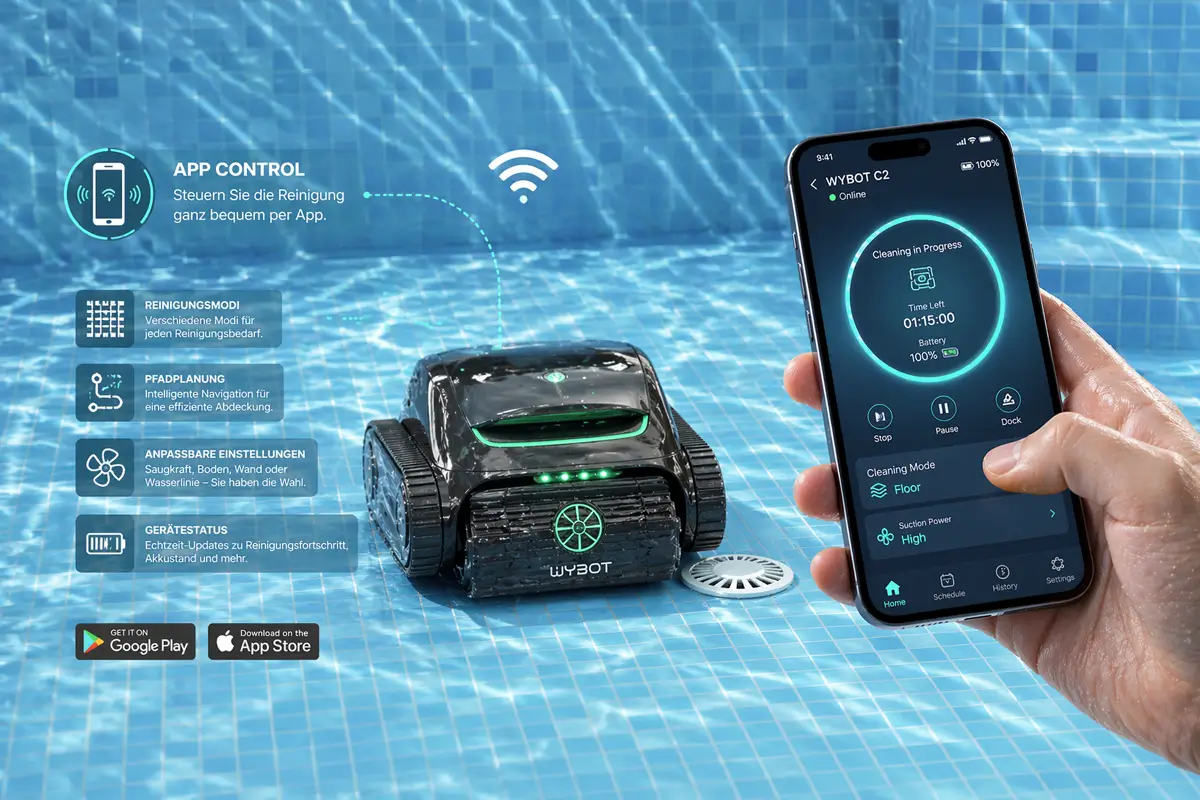 App-Steuerung und Reinigungsmodi des WYBOT Solar Vision S2