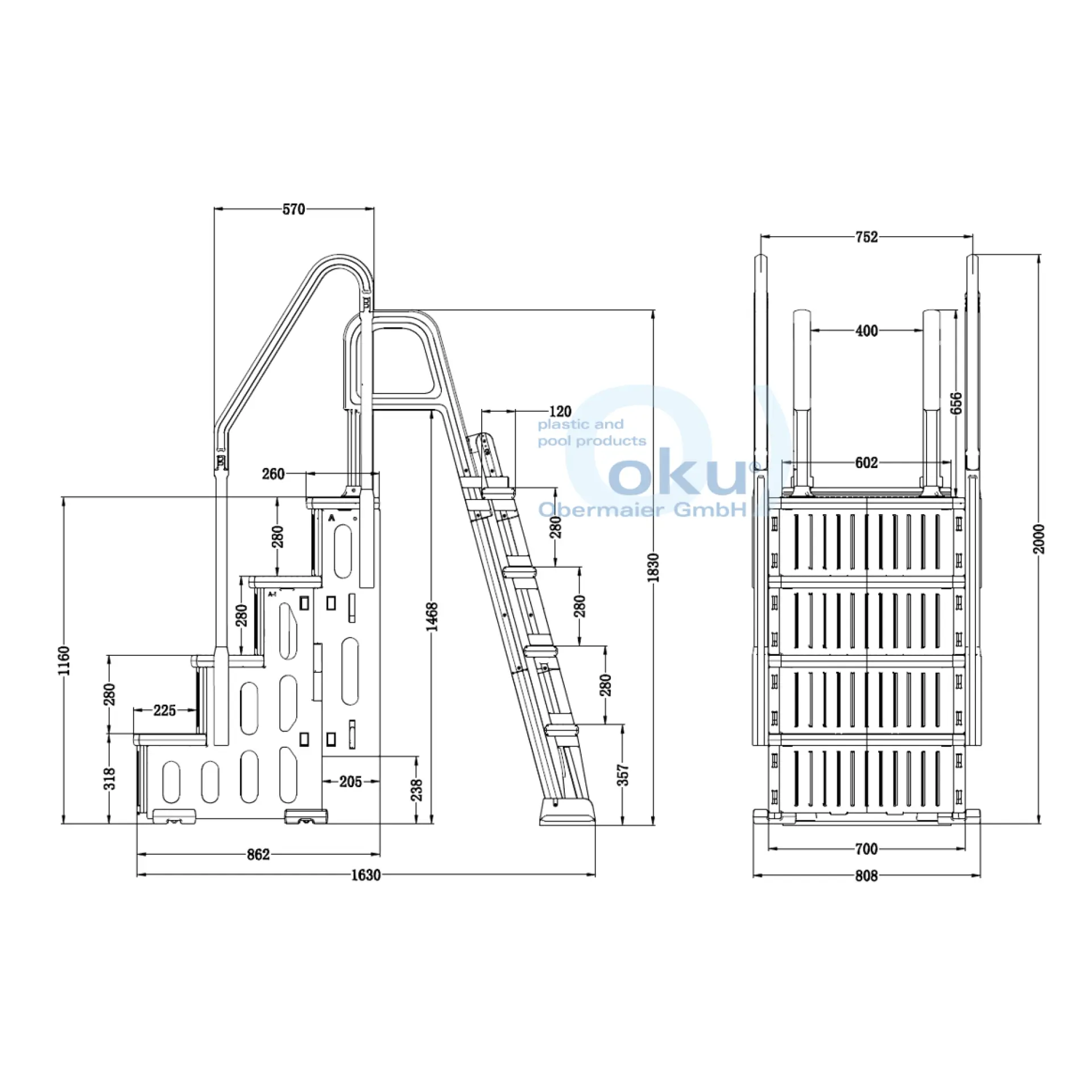 OKU Pooltreppe 4-stufig mit 5-stufiger Leiter für Aufstellpools (bis 1,45 m)